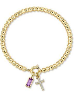 02-February(Amethyst) Cross Birthstone Elastic 14K Gold Plated Bead Bracelet
